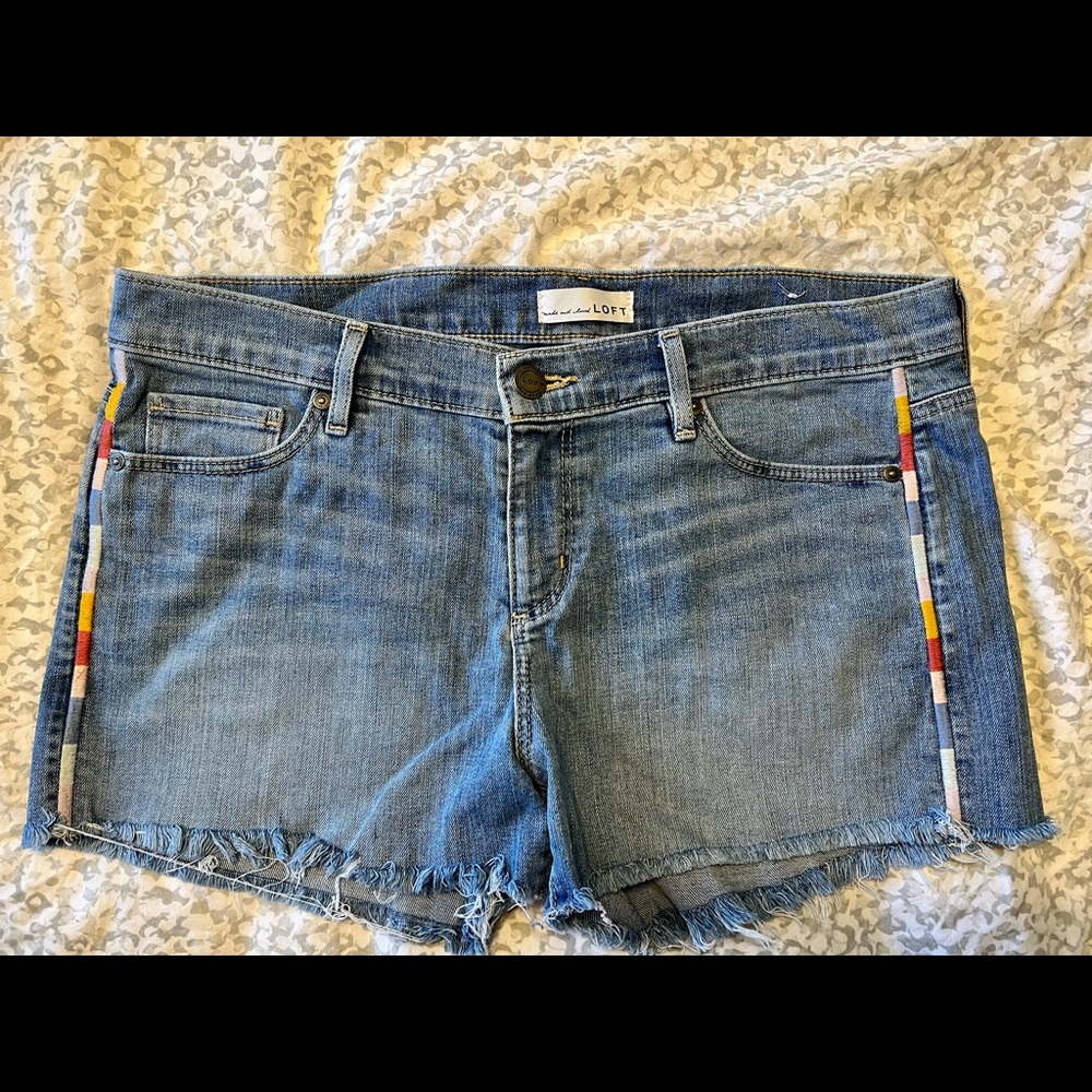 LOFT denim blue jean shorts boho embroidered side seam